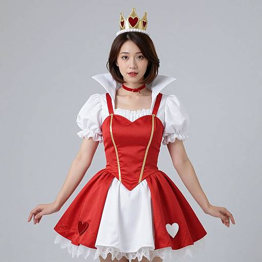 Photograph of an Asian woman in a red and white Alice in Wonderland-style dress, wearing a gold crown with heart motifs, against a plain gray background