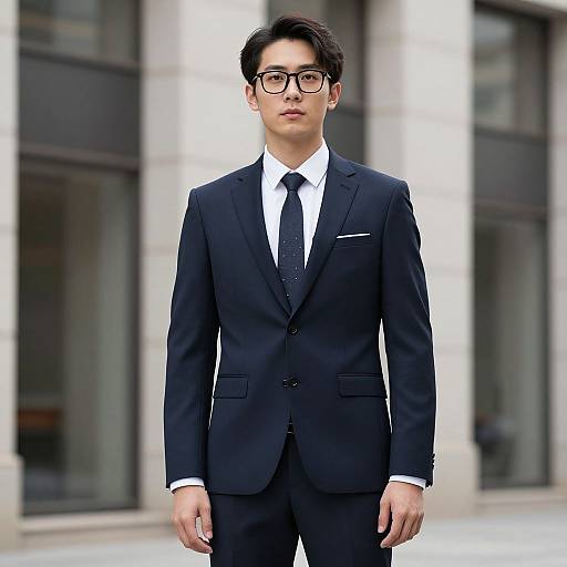 Photograph of an Asian man with short black hair, black-framed glasses, and black suit with white shirt and black tie, standing in front of