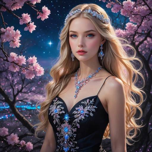 Elegant Woman with Blonde Hair and Jewels Under Cherry Blossoms