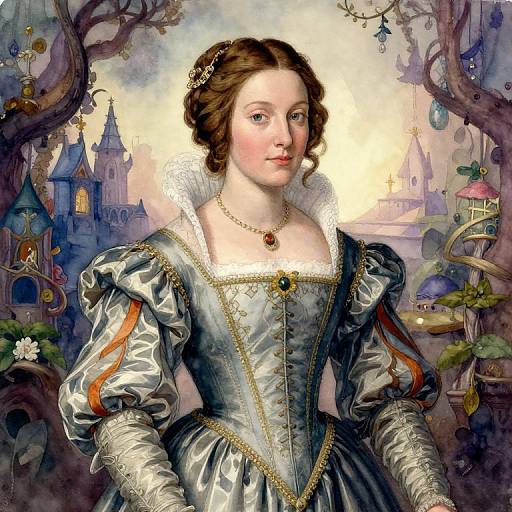 Digital painting of a fair-skinned, brown-haired woman in a silver, puffed-sleeve Renaissance dress, adorned with gold trim, pearl necklace