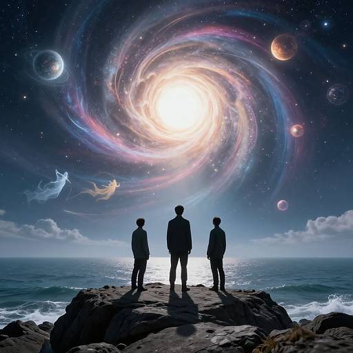 Three Men Gazing at Cosmic Vortex Over Ocean