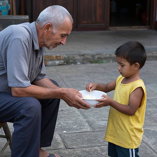 An elderly man with grey hair and beard, wearing a grey shirt, hands a white plate to a young boy in a yellow sleeveless shirt on a