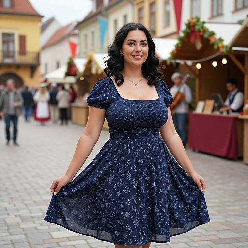 Photograph of a smiling woman with dark curly hair, wearing a navy blue floral dress, standing in a bustling European street market.