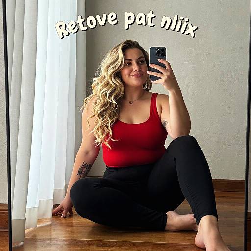 Photograph of a smiling, blonde woman with wavy hair, wearing a red tank top and black leggings, sitting on wooden floor, taking a mirror