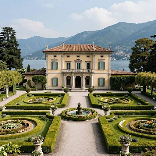 Photograph of a grand, yellow, two-story villa with red-tiled roof, surrounded by manicured gardens, fountains, and mountainous backdrop