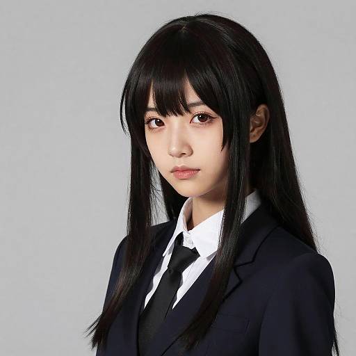 Digital anime-style portrait of a young Asian woman with long black hair, wearing a black suit, white shirt, and black tie.