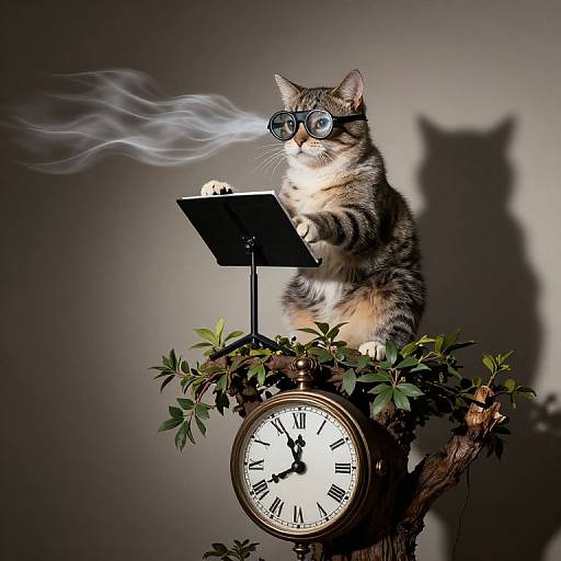 Photograph of a tabby cat wearing goggles, standing on a clock tree with a smoke-emitting clipboard, shadow on gray background.