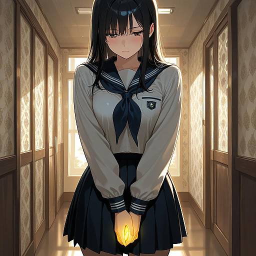 Anime Girl in School Uniform Holding Glowing Object