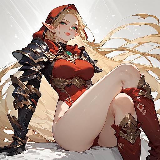 Digital anime-style drawing of a blonde elf woman with green eyes, wearing red armor, a hood, and thigh-high boots, sitting with legs crossed,