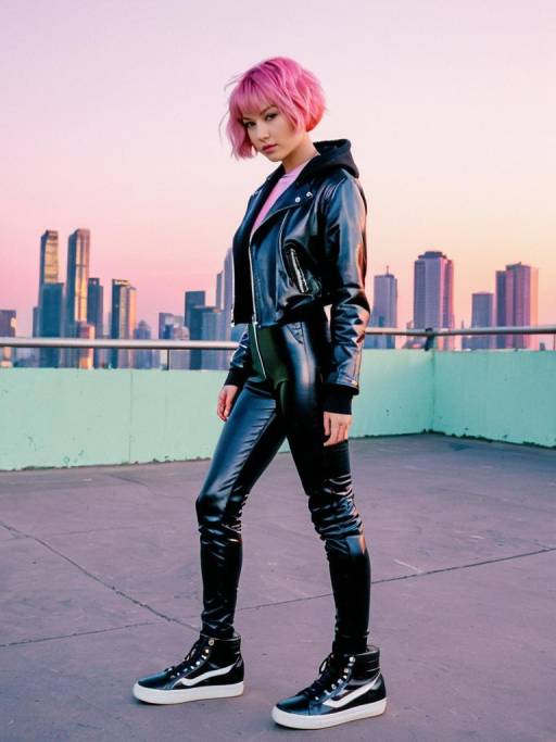 Urban Skateboarder Girl in Leather and Latex Outfit