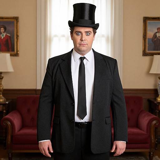Photograph of a man in a black suit, white shirt, black tie, and top hat, standing in a formal room with red sofas and framed