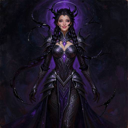Digital painting of a beautiful, dark-haired woman in intricate black and purple armor with glowing purple accents, black wings, and a halo-like glow, set