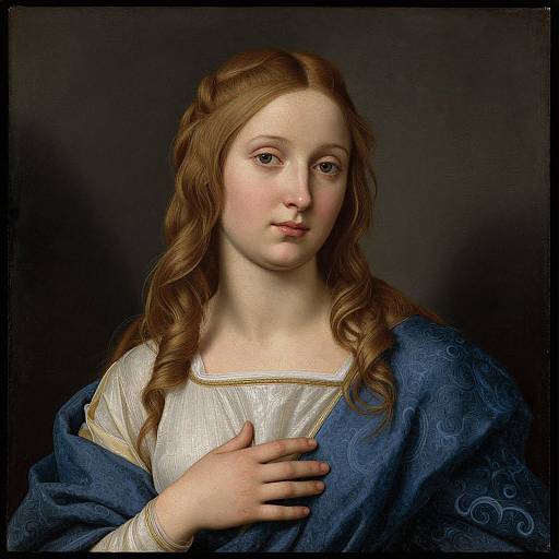 Renaissance-style portrait of a young woman with fair skin, long wavy brown hair, blue cloak, and white dress, holding her chest against