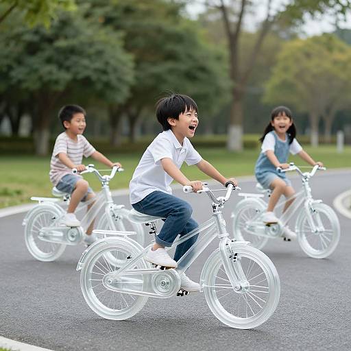 Photograph of three Asian children riding white bicycles on a paved road in a park, with green trees in the background. Foreground child laughs excitedly