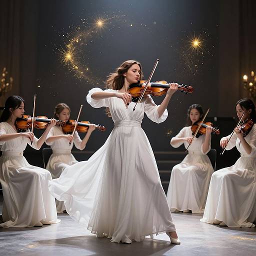 Photograph of five women in white flowing dresses, playing violins on a stage with a dark background and sparkling light effects.