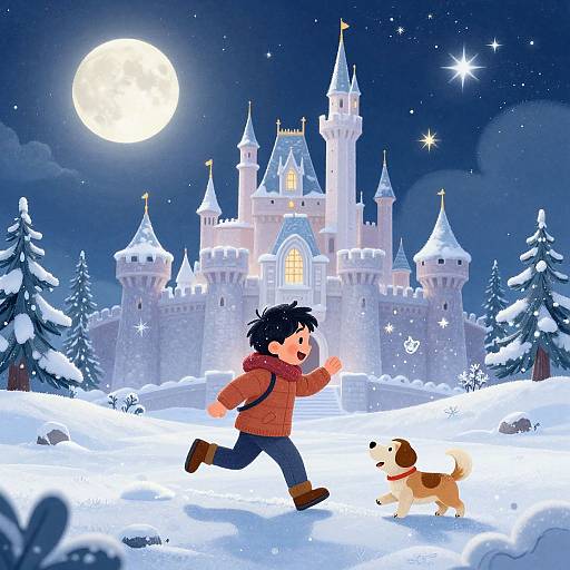 Cartoon of a boy in a red jacket running in snow, chasing a dog, towards a glowing castle under a full moon.