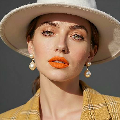 Woman with Bright Orange Lipstick and White Hat