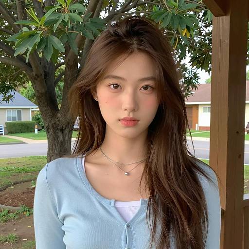 Young Woman in Light Blue Cardigan Outdoors