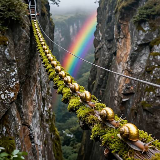 Photograph of a suspension bridge with golden bells and moss, spanning a rocky canyon, featuring a vibrant rainbow in the background.