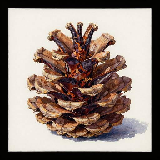 Watercolor painting of a detailed, brown pine cone with dark brown scales, centered against a white background, framed in black.