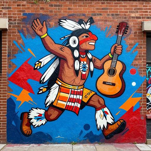 Vibrant mural of a muscular Native American man with feathers, red headband, and orange-yellow loincloth, playing guitar in mid-jump