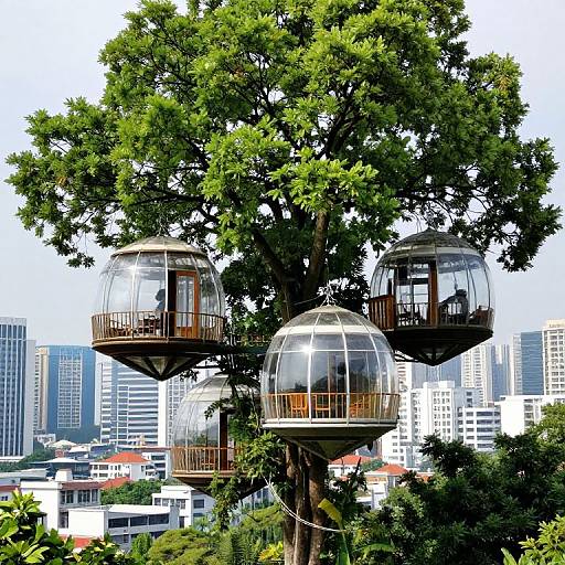 Glass-Domed Treehouses Over Cityscape