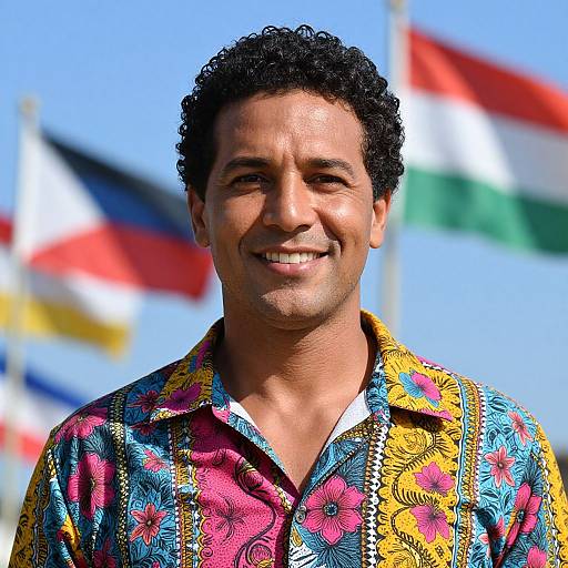 Photograph of a smiling, medium-skinned man with curly black hair, wearing a colorful, patterned shirt, against a bright blue sky with blurred