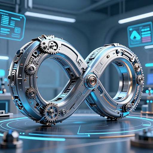 Digital CGI of a metallic infinity symbol composed of interlocking gears, set on a futuristic blue-lit control room with holographic screens.