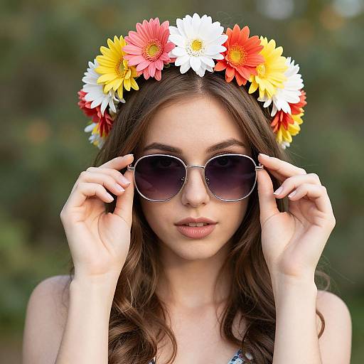 Photograph of a young woman with long brown hair, wearing a colorful flower crown and round sunglasses, adjusting them against a blurred green background.