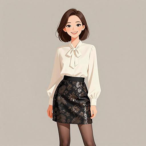 Chic Woman in Cream Blouse and Skirt