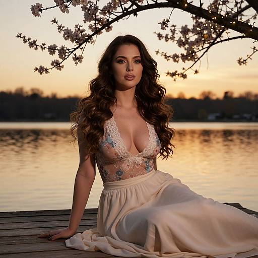 Photograph of a woman with long wavy brown hair, wearing a deep V-neck lace and floral bodice dress, sitting on a wooden dock at