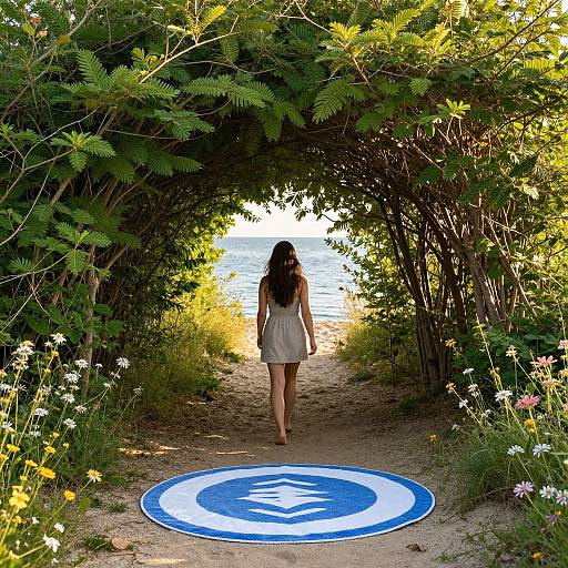 Photograph of a woman with long dark hair, wearing a white dress, walking away from a bright, sunlit beach through a lush, green,