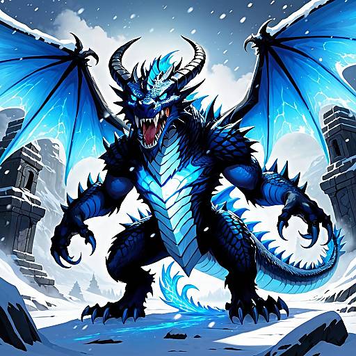 Glowing Blue Ice Dragon Among Ruins