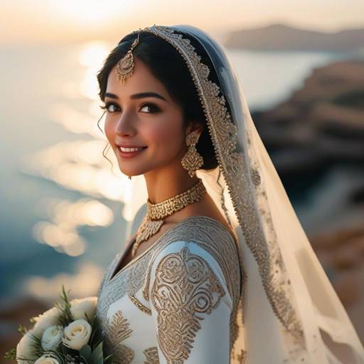 Bride in White Wedding Dress with Seaside Background