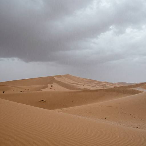 Photograph of a vast, sandy desert with rippled dunes under a cloudy, overcast sky. The orange sand contrasts with the gray clouds,