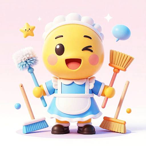 Cute, cartoon yellow ball-headed maid with blue dress, white apron, holding brooms and duster, smiling, star and balloon nearby.