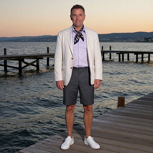 Photograph of a man in a white blazer, black shorts, white shirt, and bow tie, standing on a wooden pier at sunset.