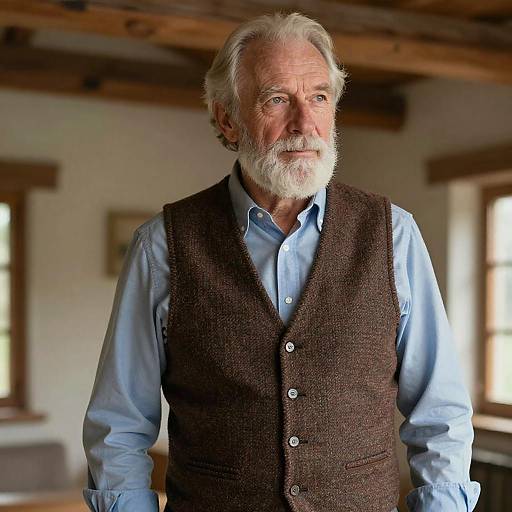 Photograph of an elderly white man with white hair and beard, wearing a light blue shirt and dark brown wool vest, standing in a rustic, wooden