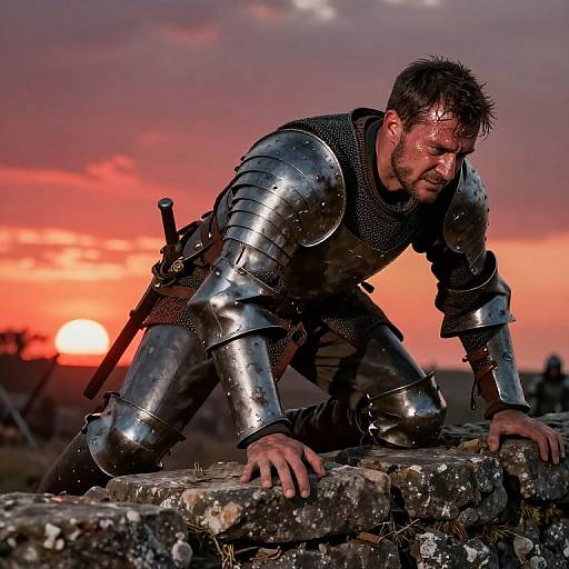 Photograph of a sweaty, muscular man in medieval silver armor, crouching on a stone wall at sunset with a sword sheathed behind him,