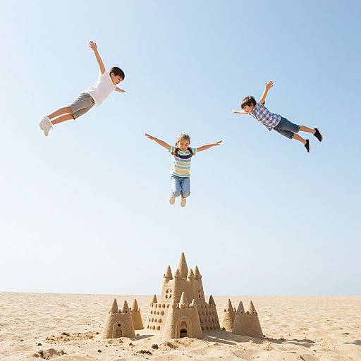 Three children joyfully jumping over a detailed sandcastle on a bright, clear sandy beach with a blue sky backdrop.