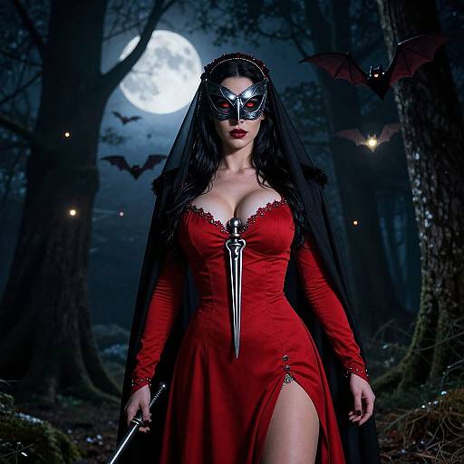 Photograph of a pale-skinned woman with black hair, wearing a red dress with a front zipper, black mask, and cape, standing in a
