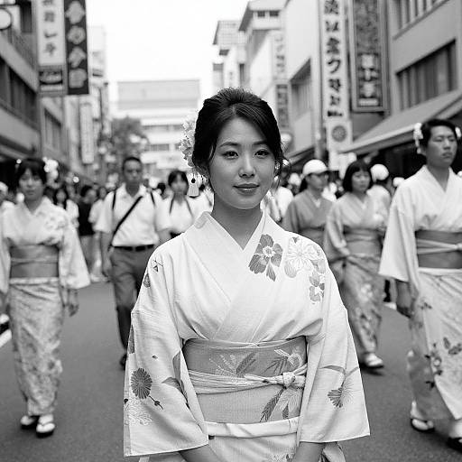 Black-and-white photograph of a Japanese woman in a floral kimono, standing in a bustling street festival, surrounded by people wearing kimonos.