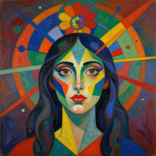 Vibrant, abstract painting of a woman with colorful geometric face patterns, red flower crown, and bold red lips, set against a circular, radiant