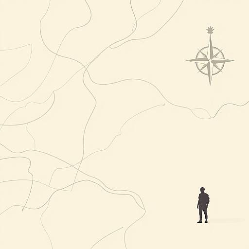 Minimalist digital drawing: small silhouetted man stands alone in bottom right, looking up at large, intricate, black line map and compass in
