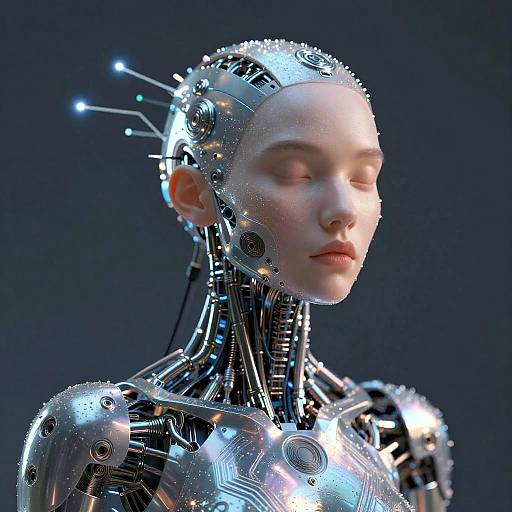 Photorealistic CGI of a bald, androgynous robot with silver metallic skin, exposed wires, and glowing blue accents, eyes closed, against