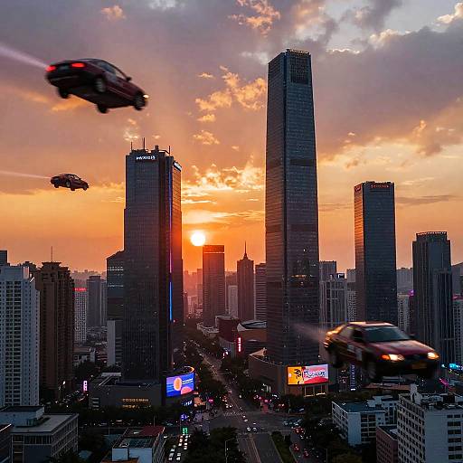 Futuristic Cityscape at Fiery Sunset