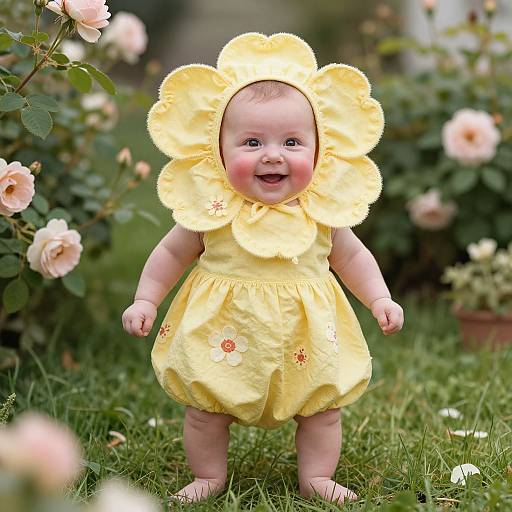 Photograph of a smiling baby in a yellow sunflower dress with a flower headband, standing on grass surrounded by blooming roses.