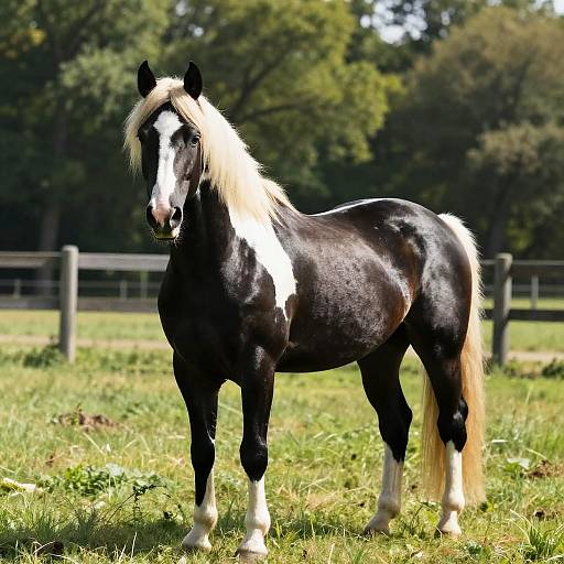 Photograph of a black-and-white pinto horse with a long, blonde mane and tail, standing in a sunlit grassy field with a wooden