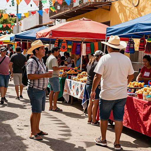 Vibrant outdoor market photograph: Men in hats, casual clothes, stand under colorful umbrellas, browsing fruit stalls with multicolored flags overhead.