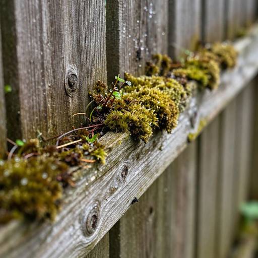 Close-up photograph of weathered wooden fence with green and yellow moss, dewdrops, and small plants clinging to the rough, vertical planks.
